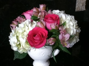 Hydrangeas, Roses and Alstroemeria in a $2 thrift store teapot.  Aren't they beautiful?!